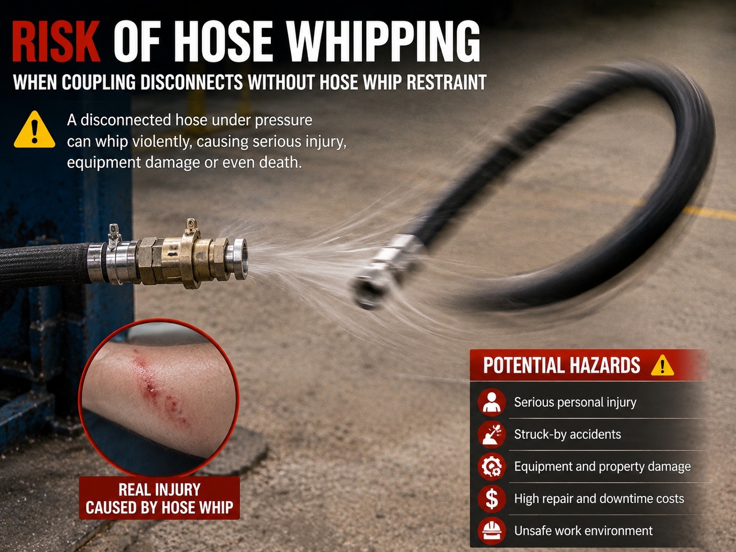 Risk of hose whipping when coupling disconnects without hose whip restraint