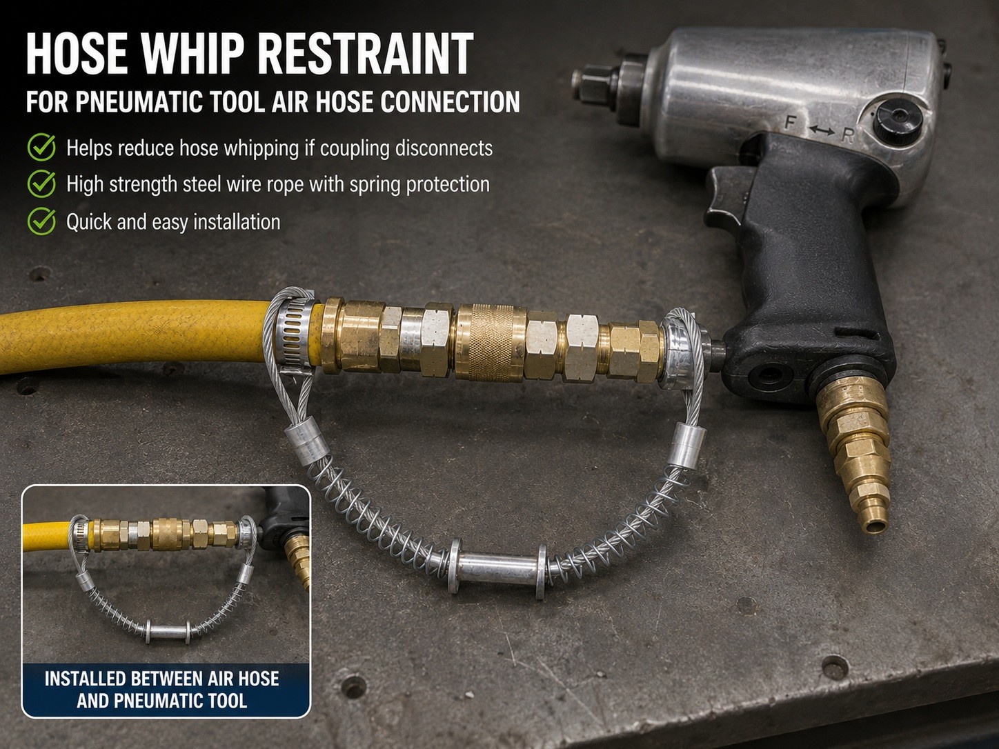 Hose whip restraint for pneumatic tool air hose connection