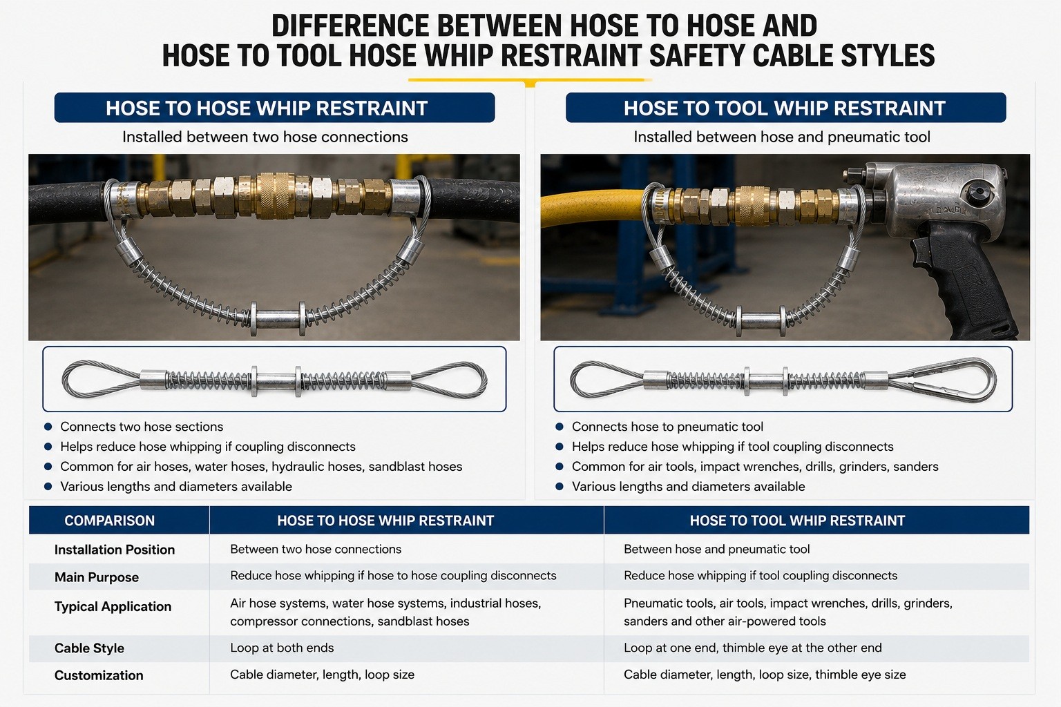 Difference between hose to hose and hose to tool hose whip restraint safety cable styles