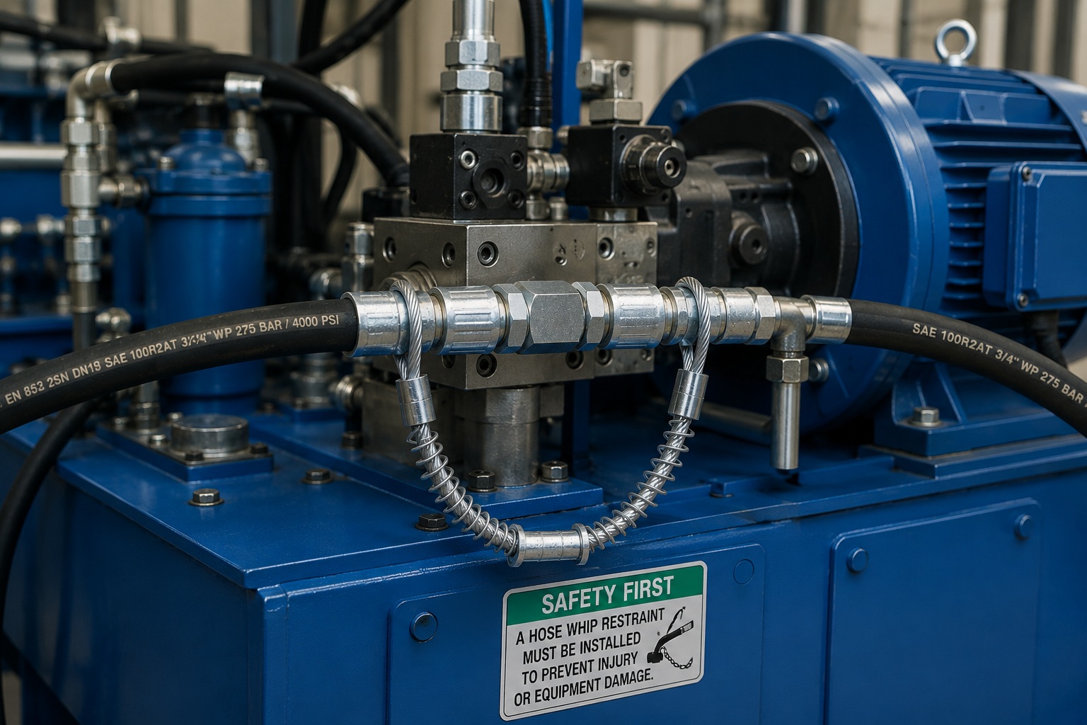 Высокий pressure hose restraint installed on industrial hydraulic power unit Высокий pressure hose restraint installed on industrial hydraulic power unit