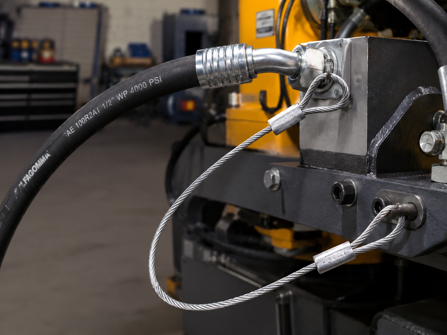 Custom high pressure hose restraint safety cable for hydraulic hose protection