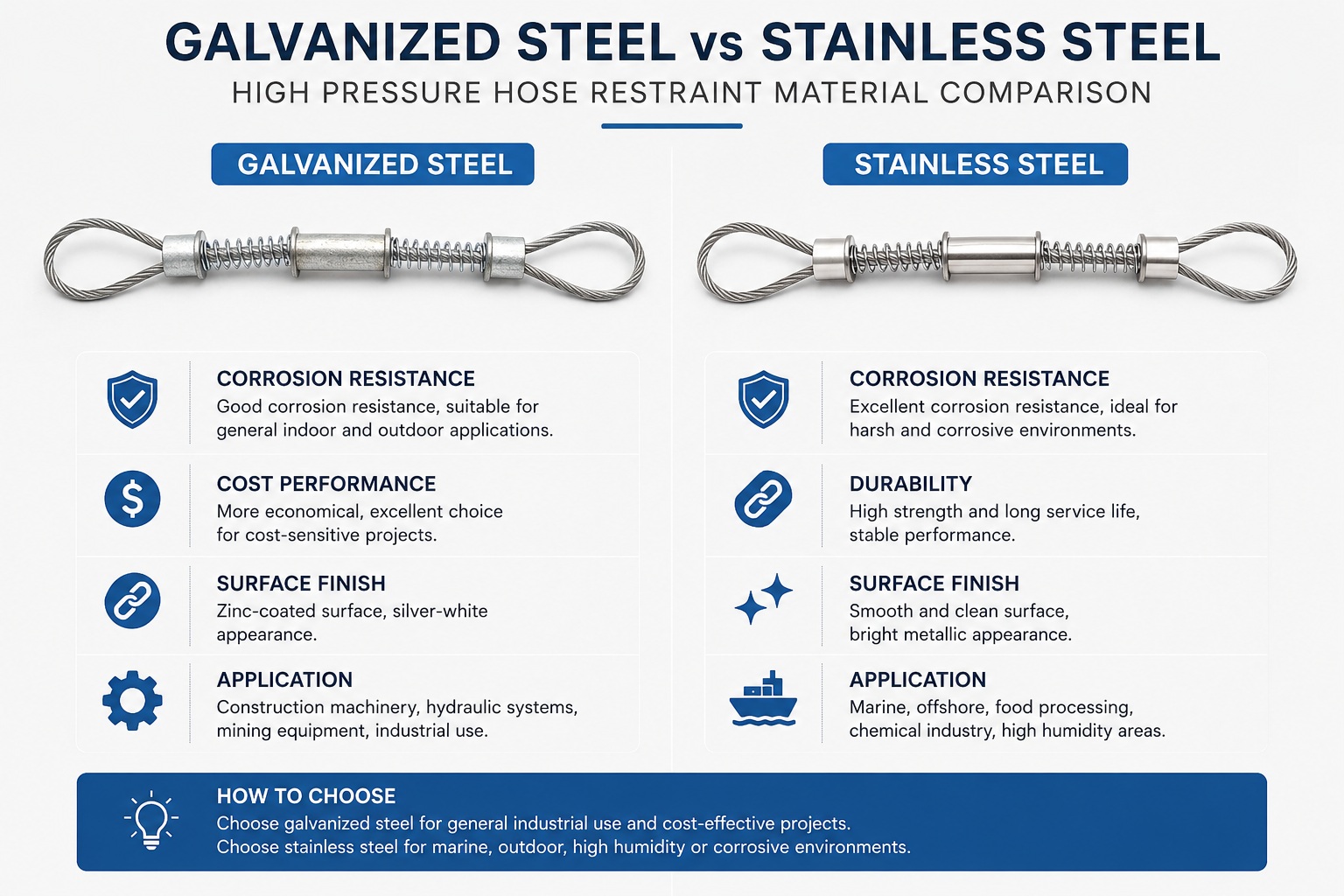 Galvanized steel and stainless steel high pressure hose restraint material comparison