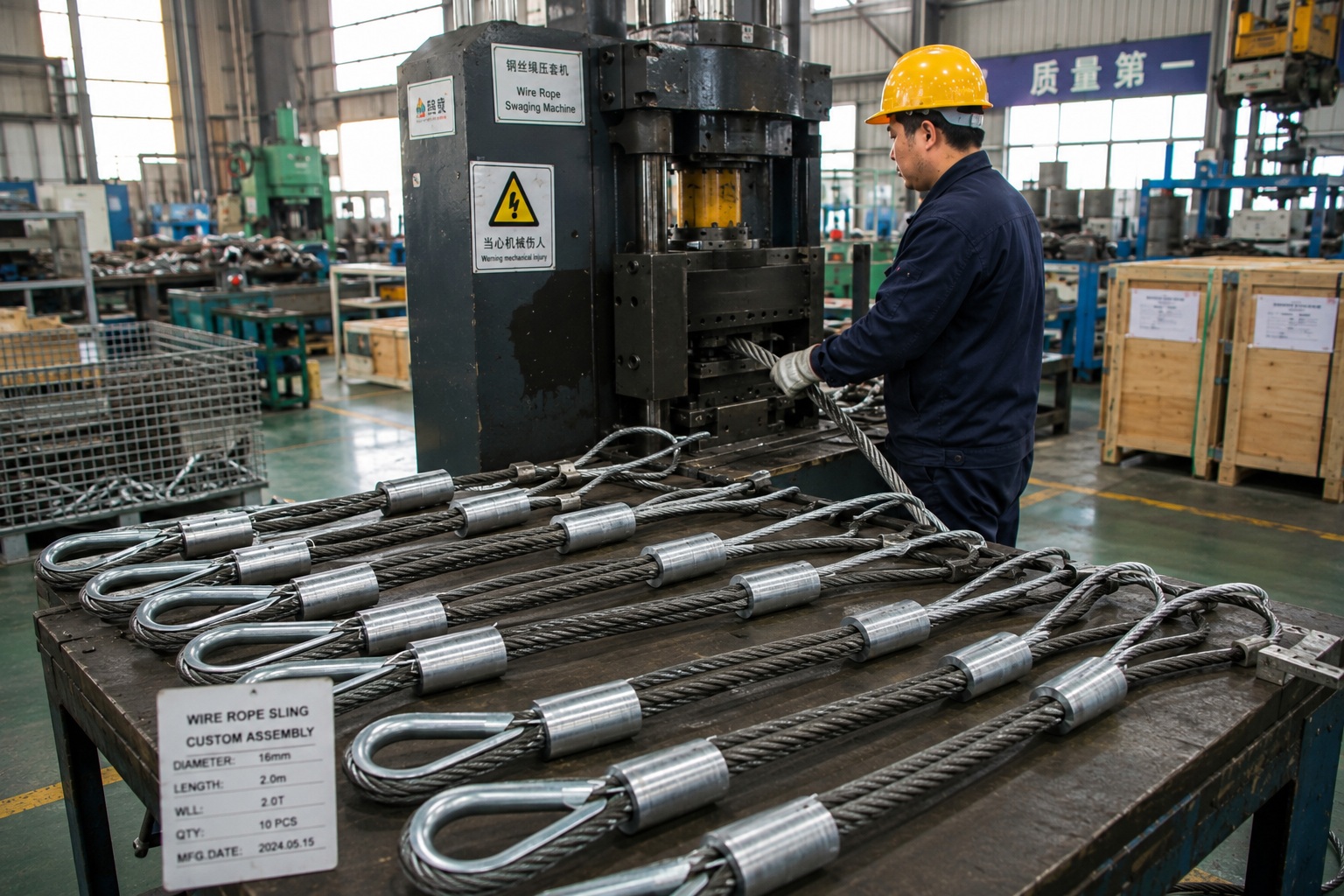 Wire rope sling swaging production for custom lifting sling assembly